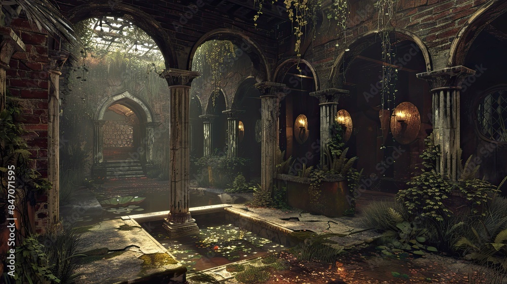 Ancient Jungle-Medieval-Ruin Interior. AI generated art illustration. Ancient Jungle-Medieval-Ruin Interior. AI generated art illustration.