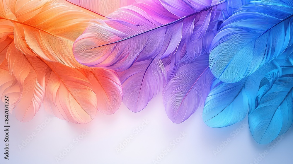 Feathered Fantasy A captivating gradient of blue, purple, orange, and pink feathers unfold across a clean white background