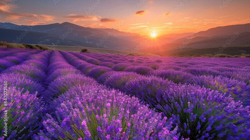 Obraz premium Lavender Sunset A sea of vibrant purple lavender flowers stretches towards a breathtaking sunset, the golden light illuminating the mountains in the distance, a scene of tranquility and beauty