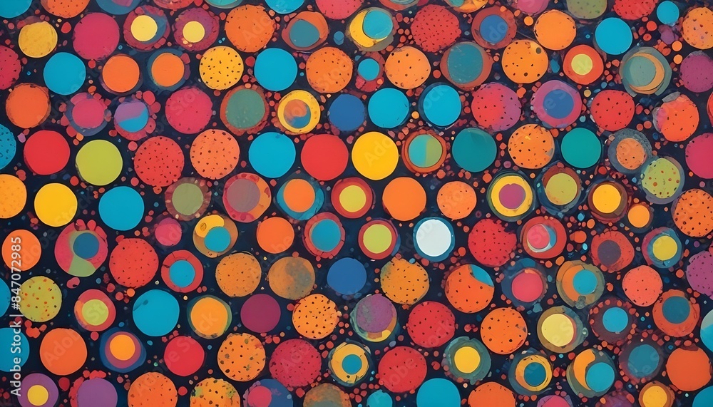 A playful arrangement of multicolored circles with different patterns and textures, giving a lively and energetic feel. A playful arrangement of multicolored circles with different patterns and textures, giving a lively and energetic feel.