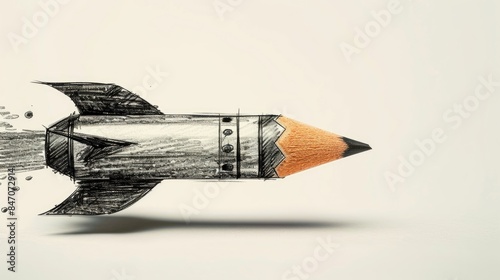 Pencil Rocket Launch A simple yet powerful image of a rocket, rendered in bold black pencil strokes against a pristine white background, sparks the imagination and encourages creative thinking, remin photo