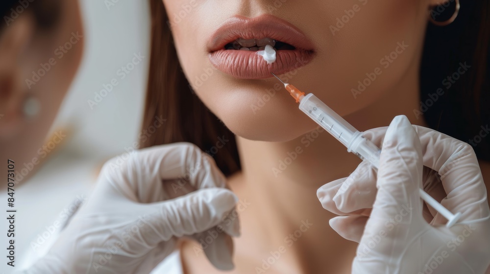 Professional Cosmetologist Applying Numbing Cream to Lips Before Filler Injections in Modern Clinic Professional Cosmetologist Applying Numbing Cream to Lips Before Filler Injections in Modern Clinic