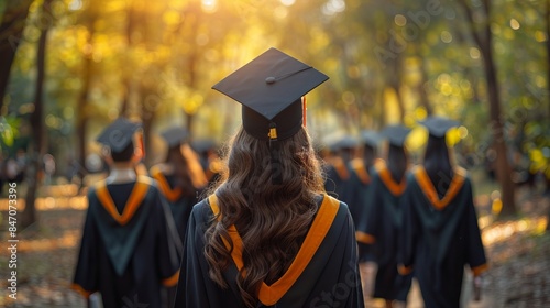 Rear view of university graduates wearing graduation gown and cap in the commencement day photo