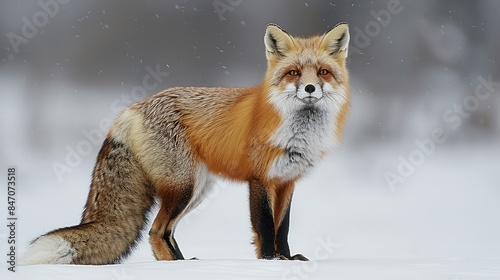 A young red fox, isolated on a white background, stands alert in the winter snow © KN Studio