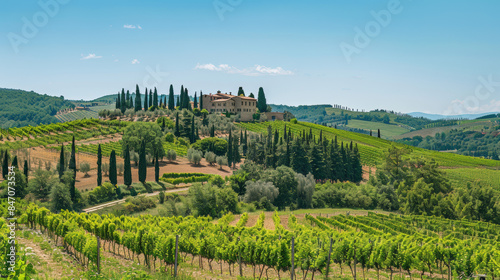 domaine viticole sur une colline vallonnée avec vignes et cyprès 