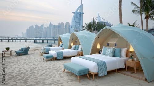 Luxury geodesic dome tents in desert camp under starry twilight sky, creating dreamy ambiance