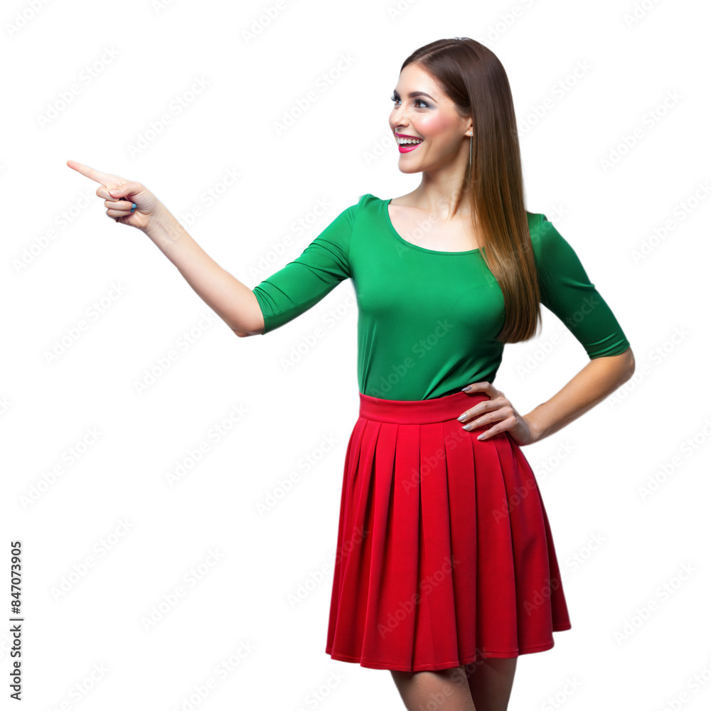 Happy woman in red skirt and green top pointing and smiling Happy woman in red skirt and green top pointing and smiling