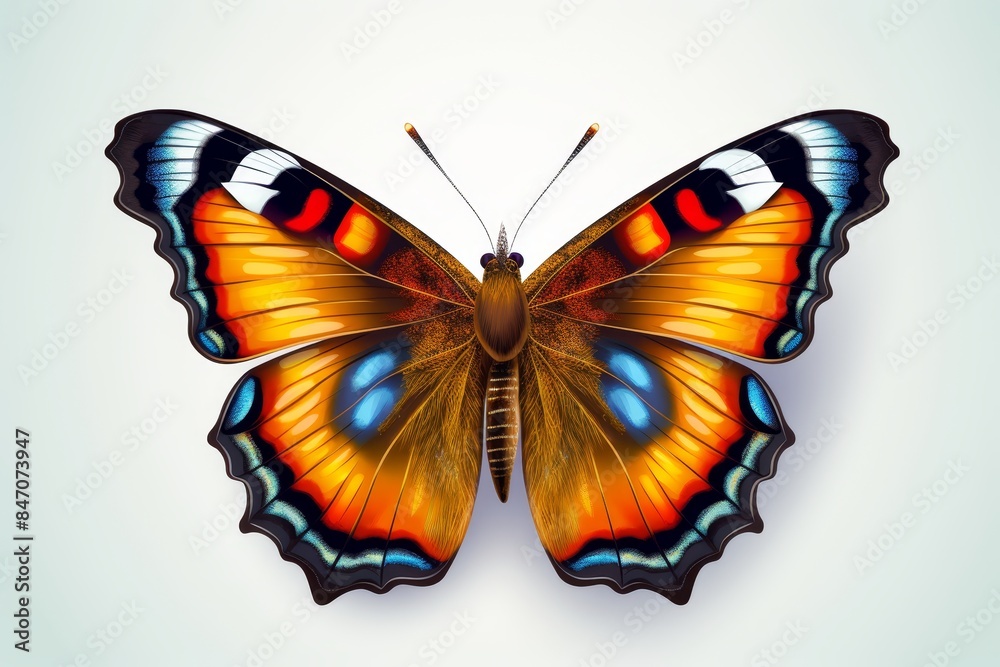 Fototapeta premium Close up of vibrant peacock butterfly with spread wings on plain white background, detailed view
