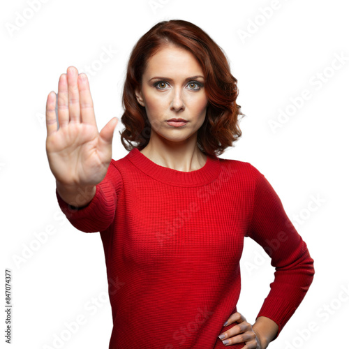 Woman making stop gesture in red sweater on transparent background