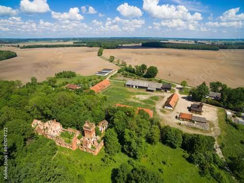 Aerial view of ruins of the von Eulenburg family palace in Prosna, Poland (former Prassen, East Prussia) photo