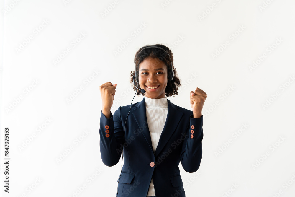 Professional Portrait of a Confident Female Call Center Employee Wearing a Headset and Business Attire, Celebrating Success with a Smile in a Modern Office Environment Professional Portrait of a Confident Female Call Center Employee Wearing a Headset and Business Attire, Celebrating Success with a Smile in a Modern Office Environment