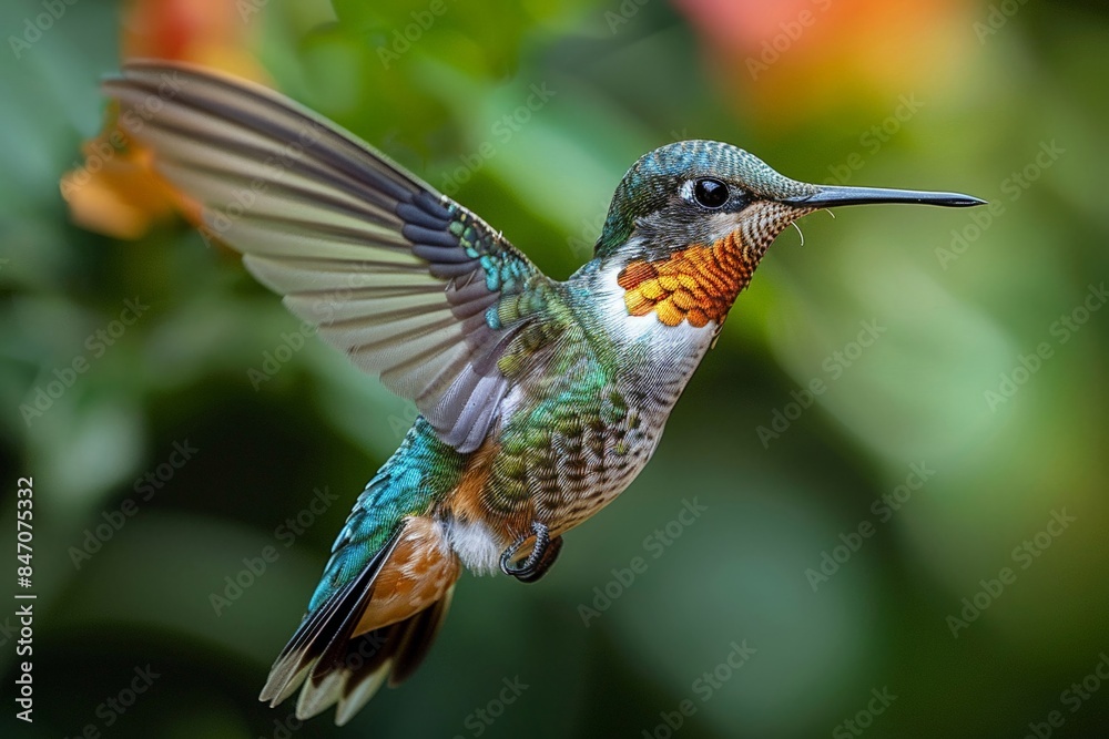 Fototapeta premium A tiny, iridescent hummingbird flits between a flower and a branch, its wings a blur