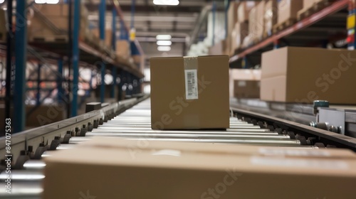 Cardboard boxes on conveyor rollers ready to be shipped by courier for distribution. Generative AI © sablengjago