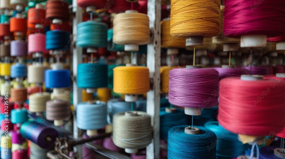 Vibrant thread spools organized in orderly arrays within a textile manufacturing facility. Vibrant thread spools organized in orderly arrays within a textile manufacturing facility.
