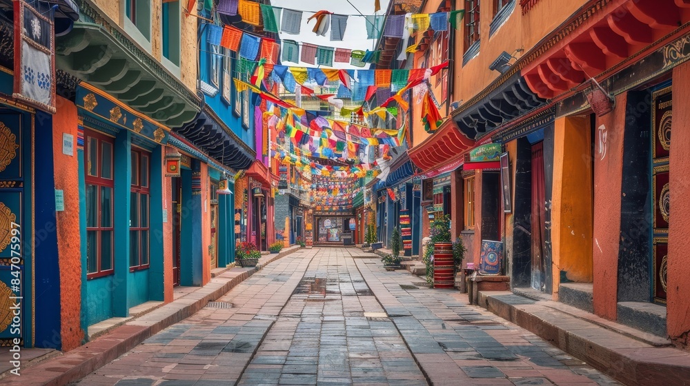 Fototapeta premium Vibrant street adorned with a multitude of flags suspended from building facades