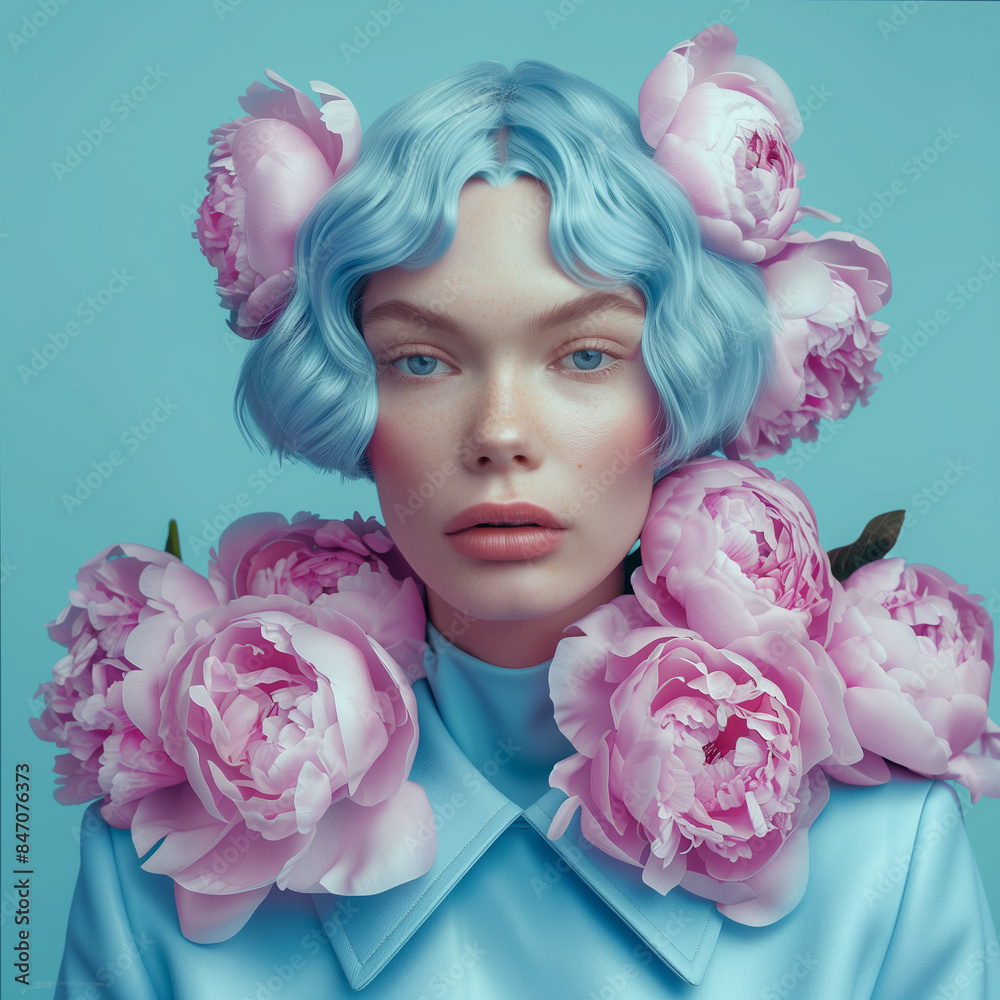 A fashion-forward portrait of a model with pastel blue hair adorned with pink peonies, set against a soft blue background. A striking blend of color, beauty, and modern style. A fashion-forward portrait of a model with pastel blue hair adorned with pink peonies, set against a soft blue background. A striking blend of color, beauty, and modern style.