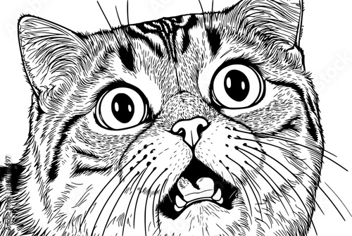 Surprised cat with bie eyes and open mouth, black and white ink style