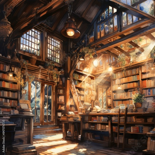 Cozy rustic library interior with sunlit wooden bookshelves, filled with books and green plants, creating a warm, inviting atmosphere.