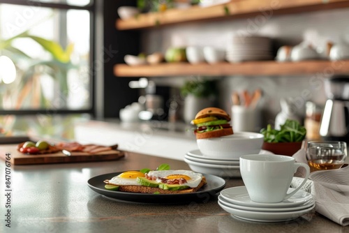 Modern Keto Friendly Kitchen Breakfast Spread with Eggs, Avocado Toast, and Bulletproof Coffee photo