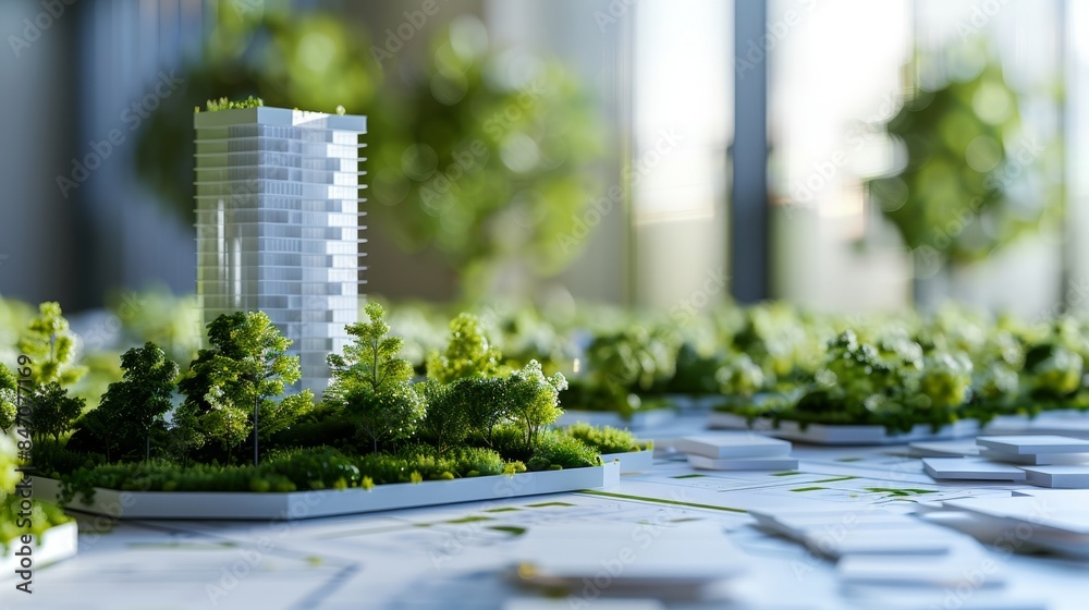 Sustainable building project 3D model close-up, blueprints, green ...
