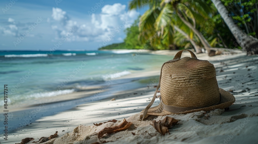 Summer accessories on white sandy beach Summer accessories on white sandy beach