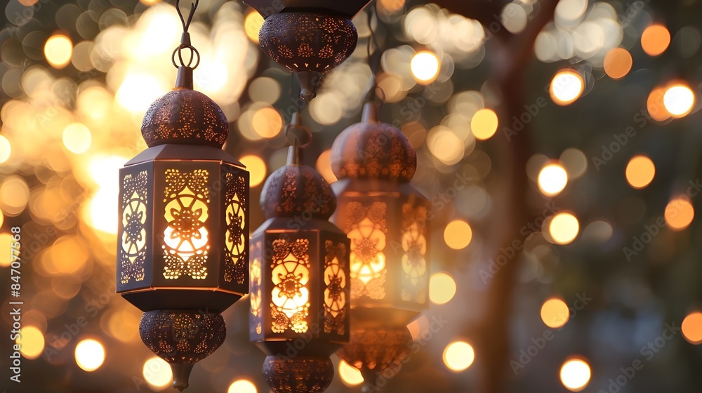 Islamic lanterns on festive blurred backdrop. Moroccan lanterns at night. Glittering party garlands. Ramadan kareem, Eid Mubarak. eid al adha. Islamic lanterns on festive blurred backdrop. Moroccan lanterns at night. Glittering party garlands. Ramadan kareem, Eid Mubarak. eid al adha.