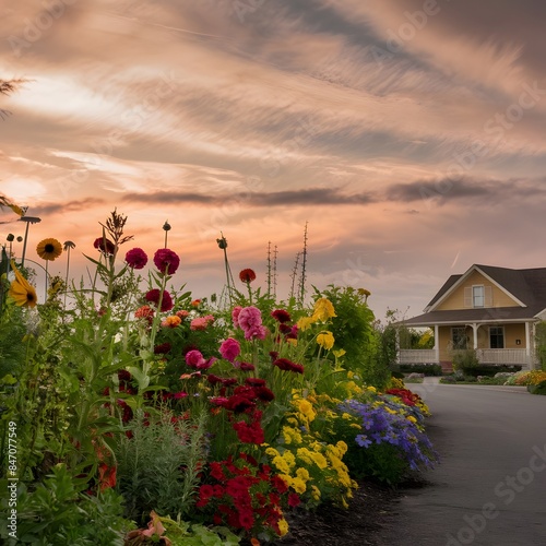 sunset in the village, Flowers, House in garden,  © saba