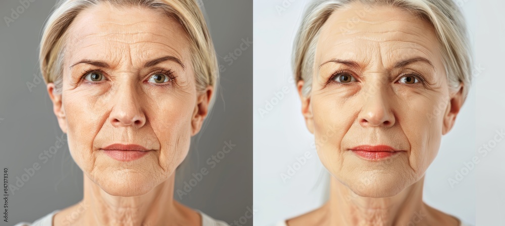 Botox Treatment Before and After Comparison of Older Woman Highlighting Reduced Crow's Feet and Rejuvenated Skin Botox Treatment Before and After Comparison of Older Woman Highlighting Reduced Crow's Feet and Rejuvenated Skin