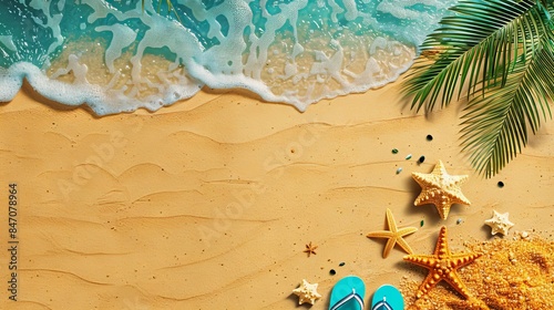 Vibrant summer background featuring a tropical beach scene with beach accessories scattered around