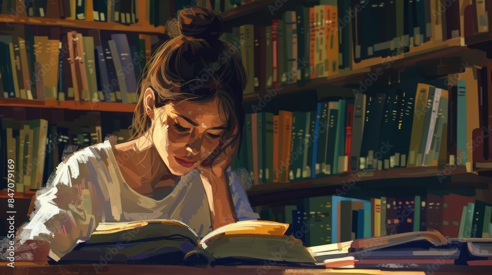 Teenager in a library studying AI generated Teenager in a library studying AI generated