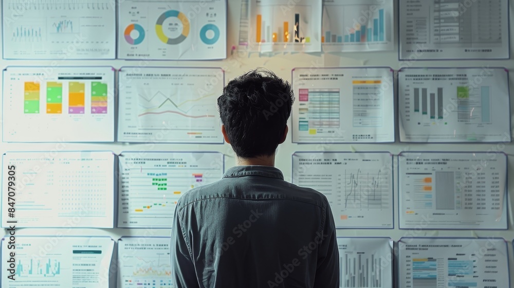 Rear view of a contemplative man studying intricate data charts on a wall, embodying analysis and strategic planning. Rear view of a contemplative man studying intricate data charts on a wall, embodying analysis and strategic planning.