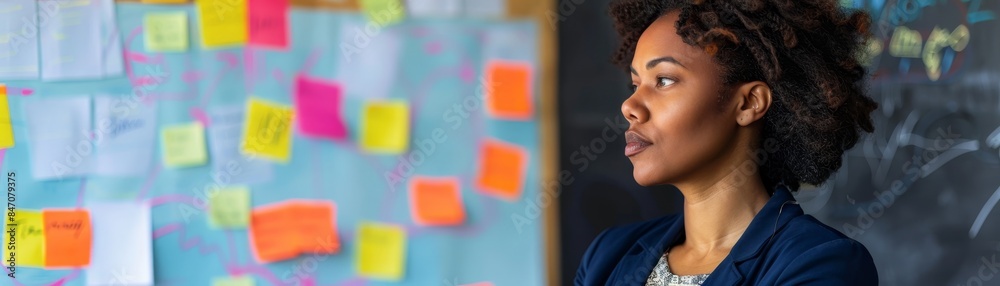 Professional African American businesswoman in blue blazer brainstorming and writing on whiteboard with vibrant sticky notes. Professional African American businesswoman in blue blazer brainstorming and writing on whiteboard with vibrant sticky notes.