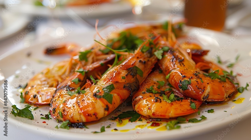 Plate ofGrilled prawns with herbs in a restaurant Plate ofGrilled prawns with herbs in a restaurant