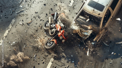 Motorcycle and car collision on road, devastating accident scene with debris.