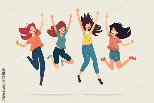 Energetic Young Women Jumping with Joy, Female Friend Group Celebrating Success