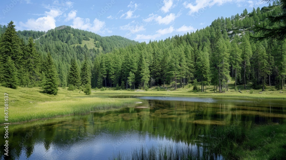 Lush summer forest panorama with spruce and pine trees, shimmering lake, and meandering river amidst mountainous backdrop. Lush summer forest panorama with spruce and pine trees, shimmering lake, and meandering river amidst mountainous backdrop.