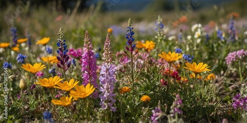 Vibrant wildflowers of various colors blooming in a field, basking in the sunlight, with a focus on nature's beauty