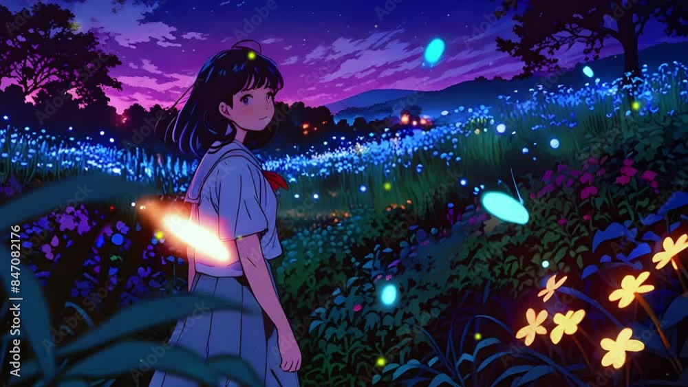 Cute Lofi girl in nostalgic nature sky village scene fireflies flickering around, lofi relaxing, calming nature, asmr, cute anime girl 4K High-Quality Animation Video