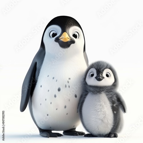 Penguin with cub. 3D rendering cute animal isolated over white background. © Joyce