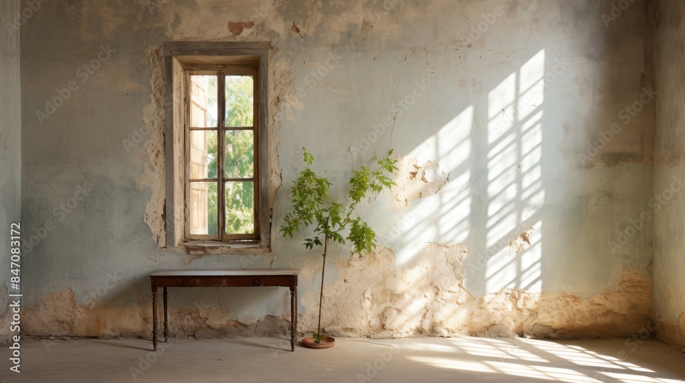 Fototapeta premium Sunlight filters into room, casting window frame shadow on aged weathered plastered wall