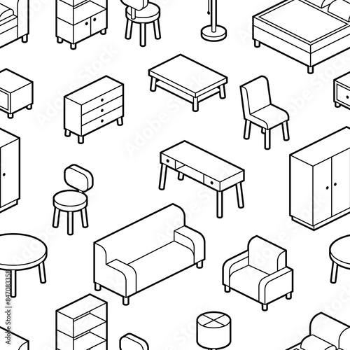 Home furniture isometry pattern. Domestic and office furniture and equipment.