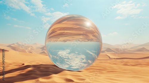 A large, transparent orb rests in a desert landscape, reflecting the blue sky and fluffy clouds above.