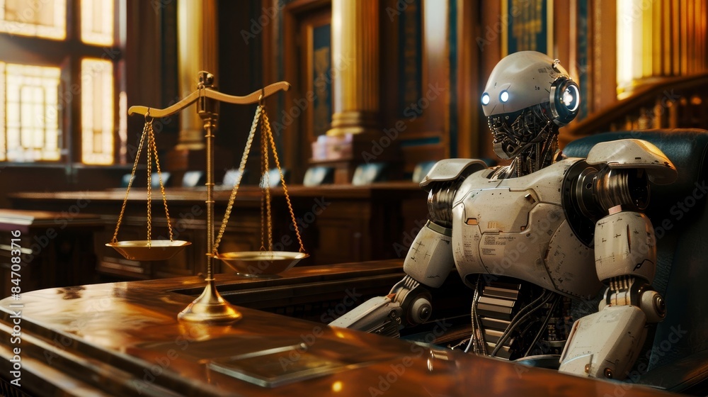 Futuristic courtroom with robot and scales of justice Futuristic courtroom with robot and scales of justice