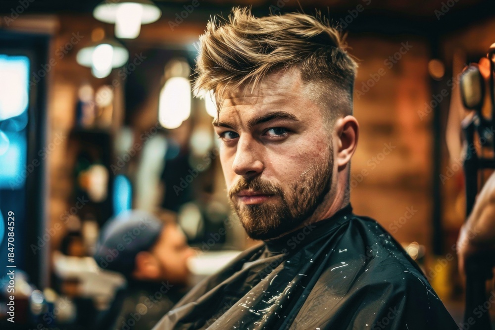 Customer is getting a haircut at a barbershop, looking very serious Customer is getting a haircut at a barbershop, looking very serious