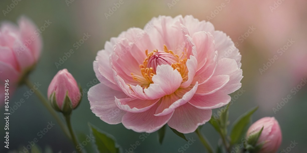 Obraz premium Macro shot of a beautiful pink peony flower with delicate petals and golden stamens, symbol of romance