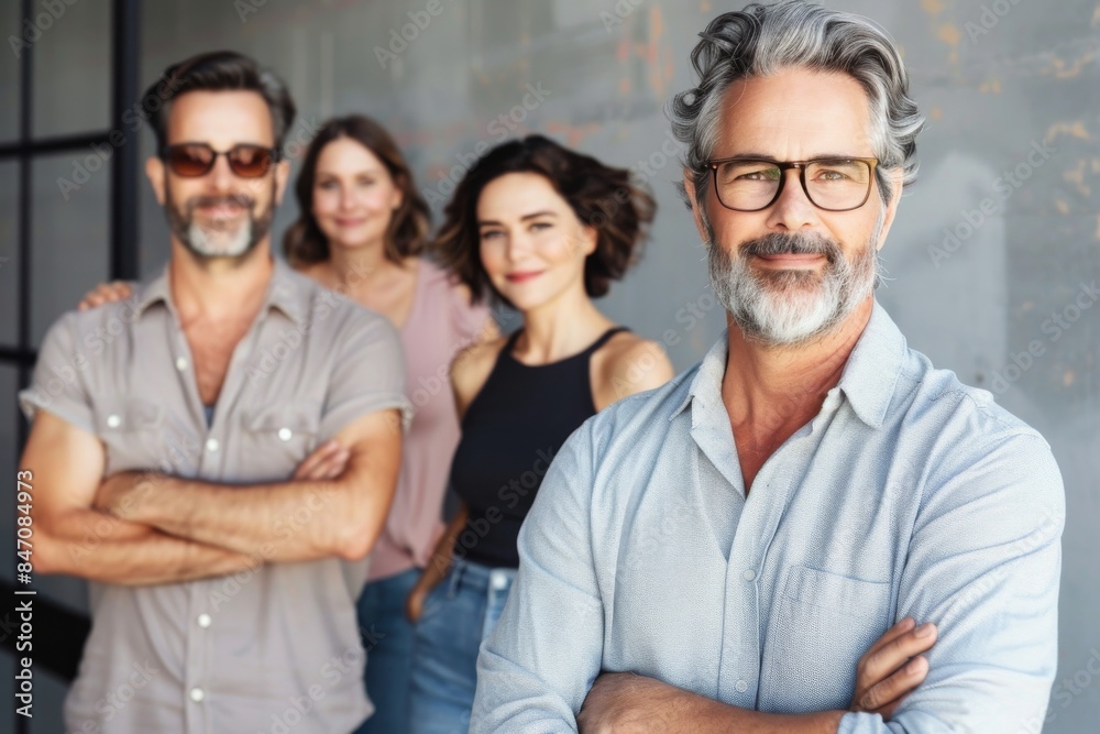 Portrait of confident mature businessman standing in front of his team and looking at camera Portrait of confident mature businessman standing in front of his team and looking at camera