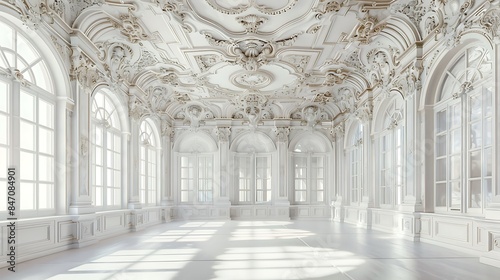 A grand  white ballroom with ornate ceiling details and tall windows. The room is bathed in soft sunlight  creating a sense of elegance and grandeur.