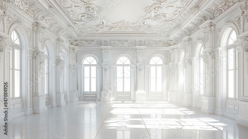 A grand  white  ornate room with large windows and a high ceiling. The room is filled with sunlight.
