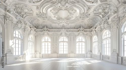 A grand  white ballroom with ornate ceiling details and large windows. The room is bathed in natural light  creating a bright and airy atmosphere.