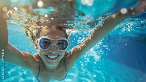 Underwater portrait of happy child in swimming pool.